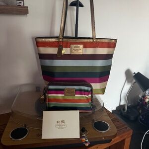 Rare Coach Legacy Stripe Set: tote bag, make up push and key chain -